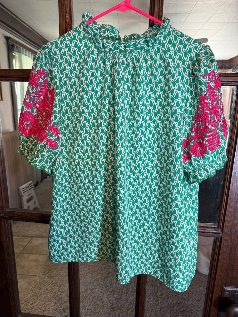 SHEIN Womens XL Green White Geometric Blouse Pink Floral Embroidered Puff Sleeve
